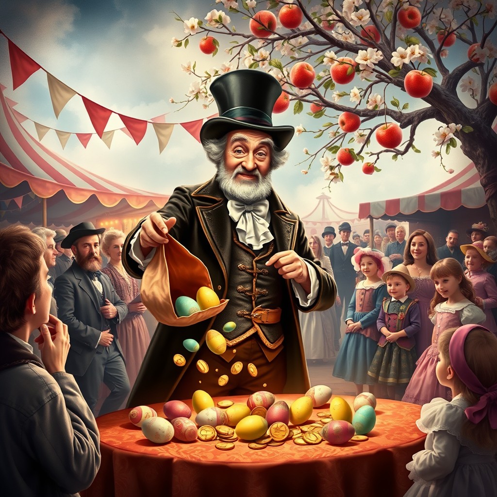 A whimsical and enchanting scene depicting a historical English magician, Isaac Fawkes, performing at a lively fair in the 18th century