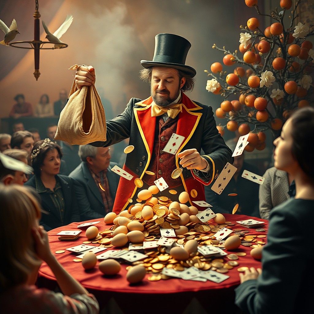 A captivating vintage circus scene featuring Isaac Fawkes, the renowned English fair magician, performing enchanting illusions