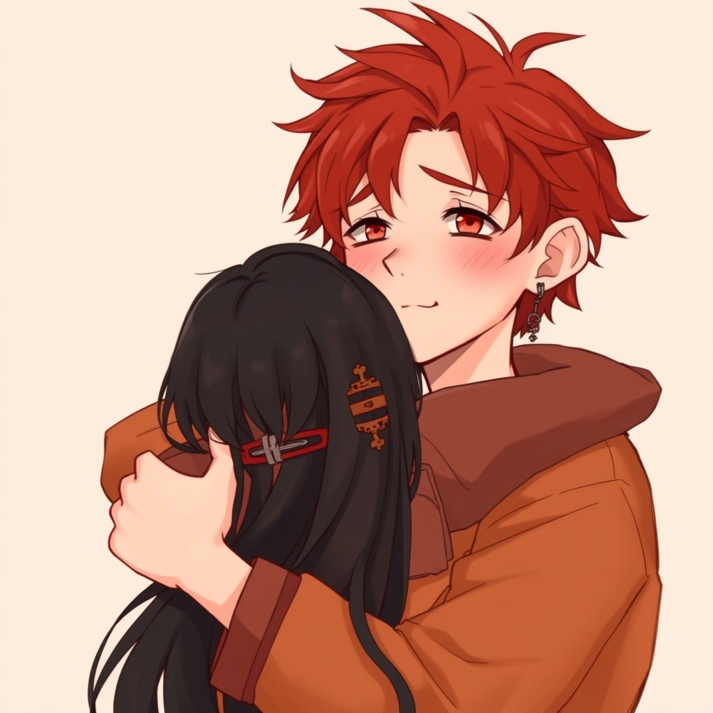 A tall boy with striking red eyes and messy, medium-long red hair