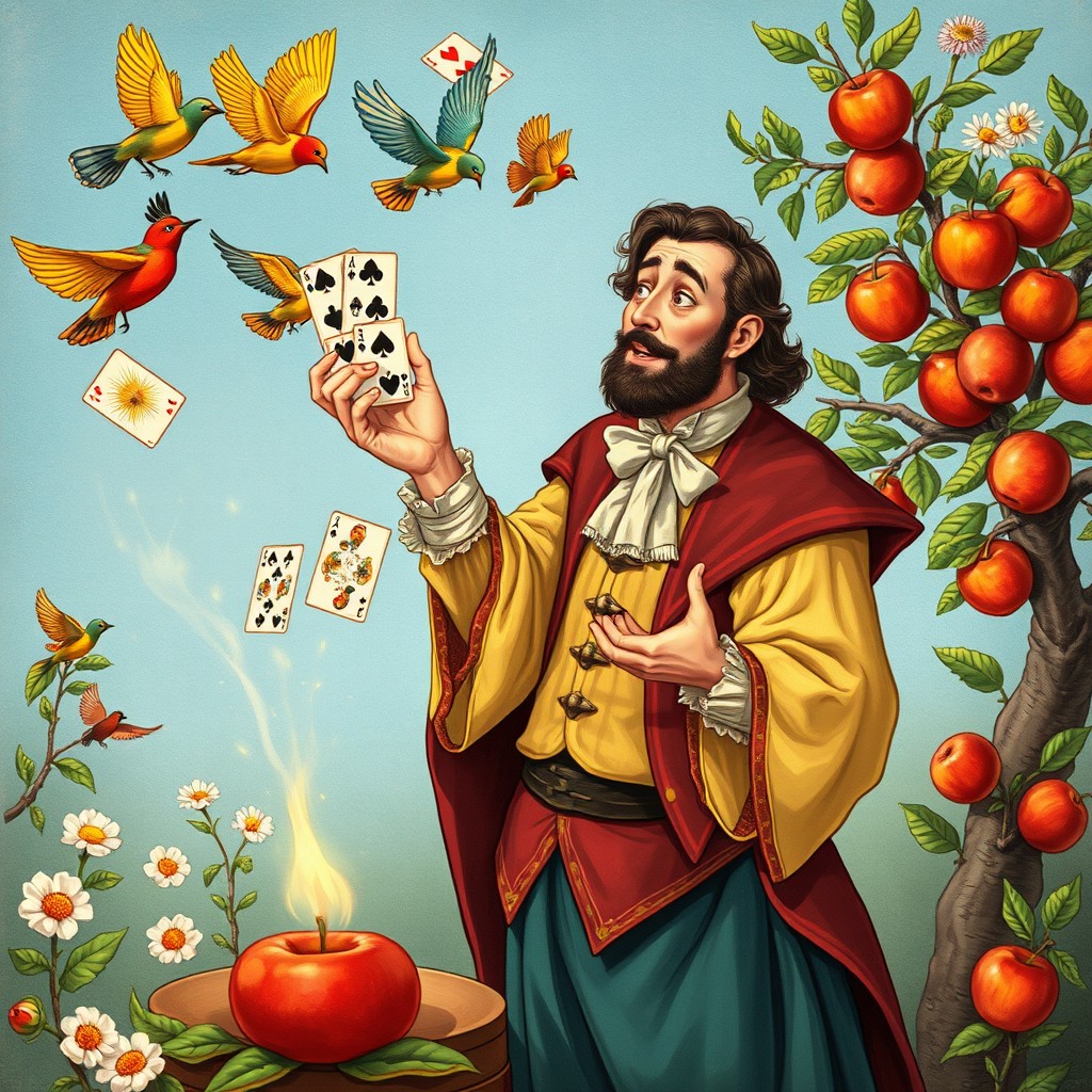 An illustration depicting Isaac Faux, the renowned English fair magician from the early 17th century, performing an enchanting act
