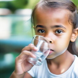 Young girl sipping fresh, crystal clear water from a glass, her face expressing the feeling of refreshment.