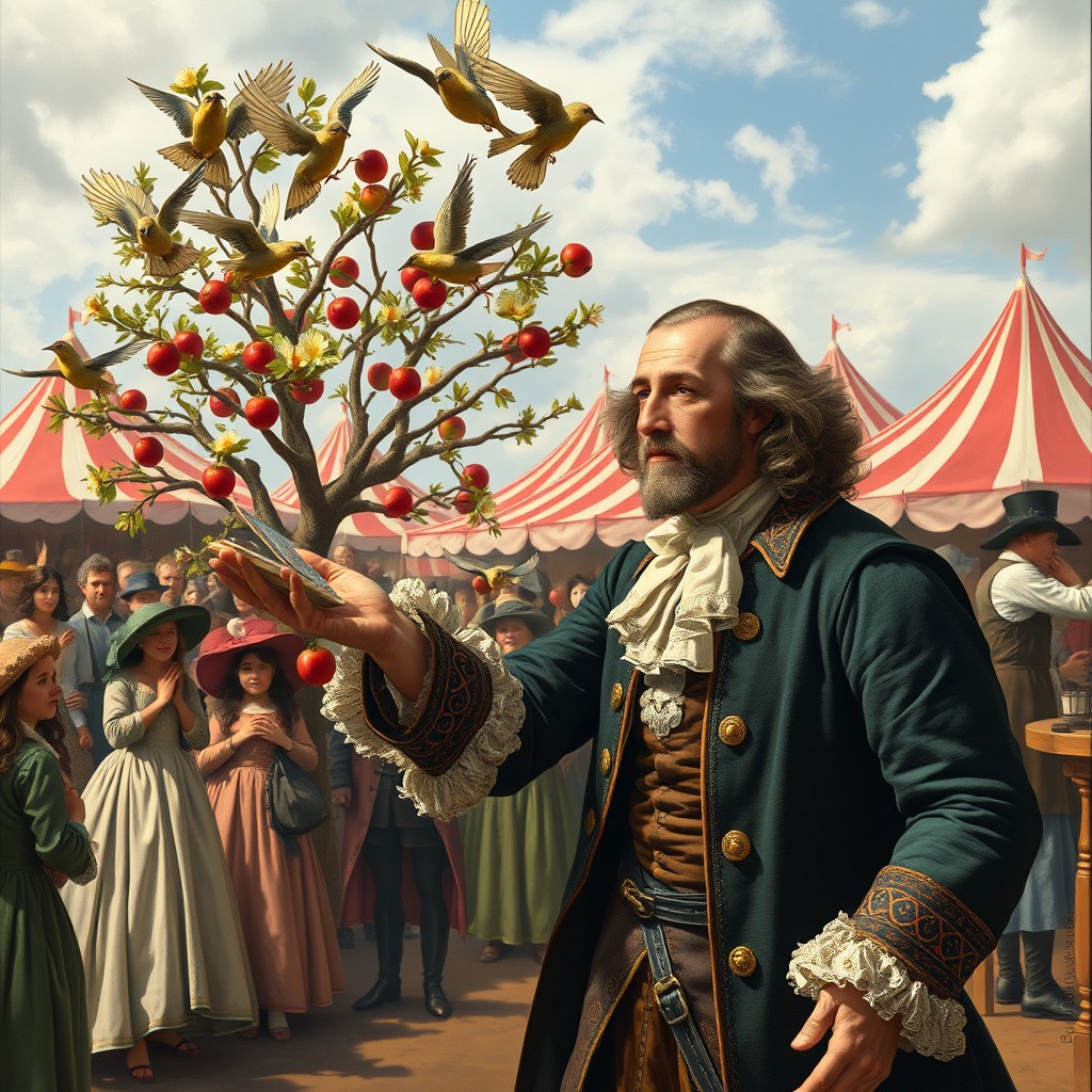 A historical scene depicting Isaac Fawkes, the famous English fair magician from the late 17th century, performing enchanting tricks at a bustling fair