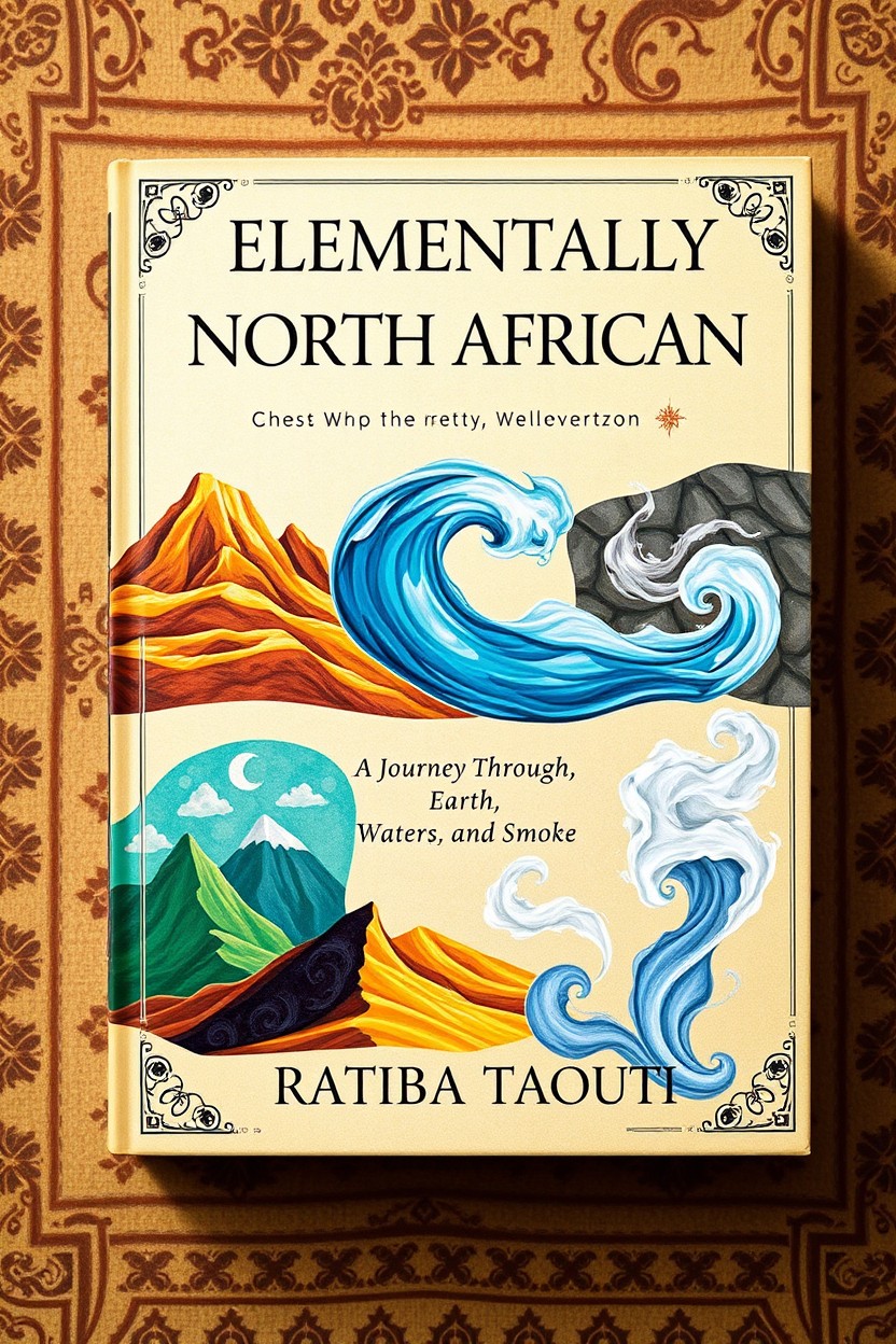 The book cover for 'Elementally North African' by Ratiba Taouti, featuring a stunning and captivating design that visually embodies the themes of Earth, Water, and Smoke