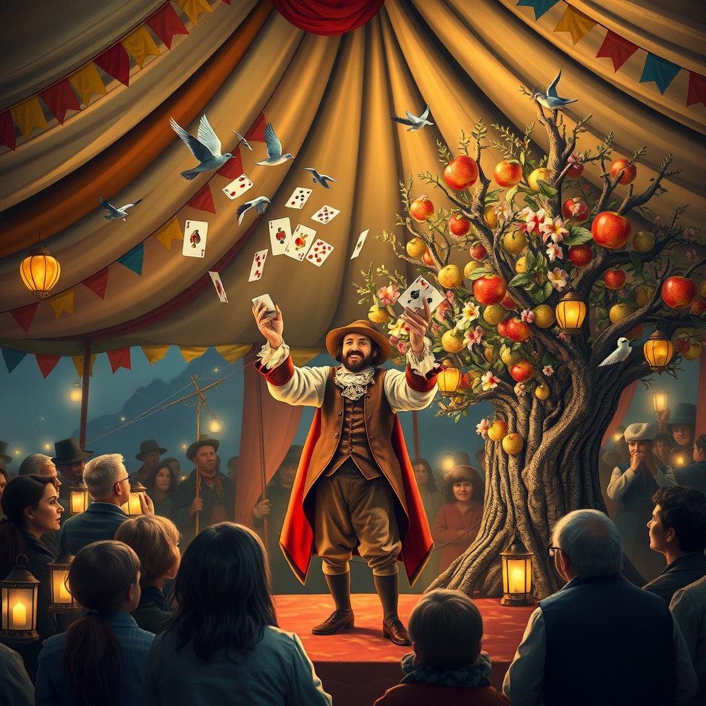 A whimsical scene of Isaac Fauxes, the renowned English fair magician from the late 17th century, performing an enchanting illusion