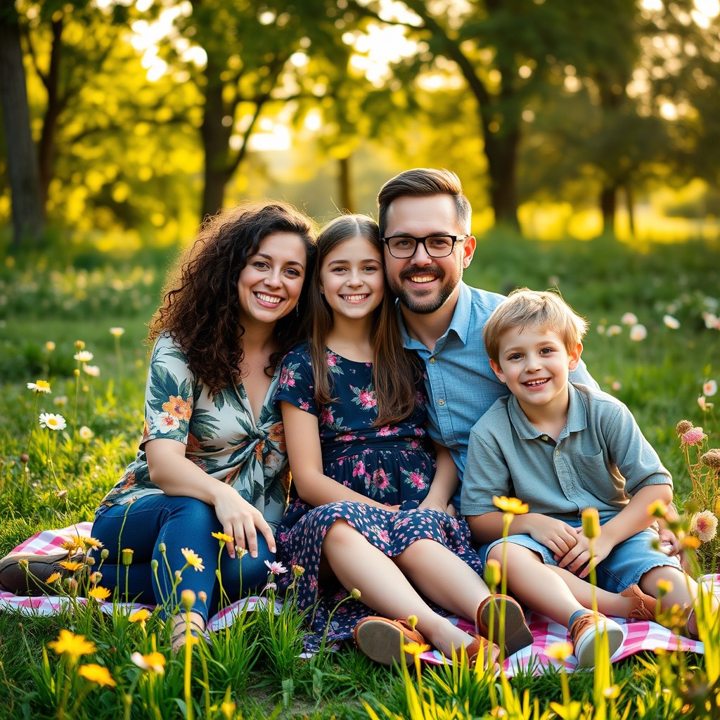 A warm and joyful family photo shoot in an outdoor park setting during golden hour, featuring a diverse family of four: a smiling mother with curly hair, a father with short hair and glasses, a teenage daughter with long hair wearing a floral dress, and a young son with a bright smile in a casual outfit