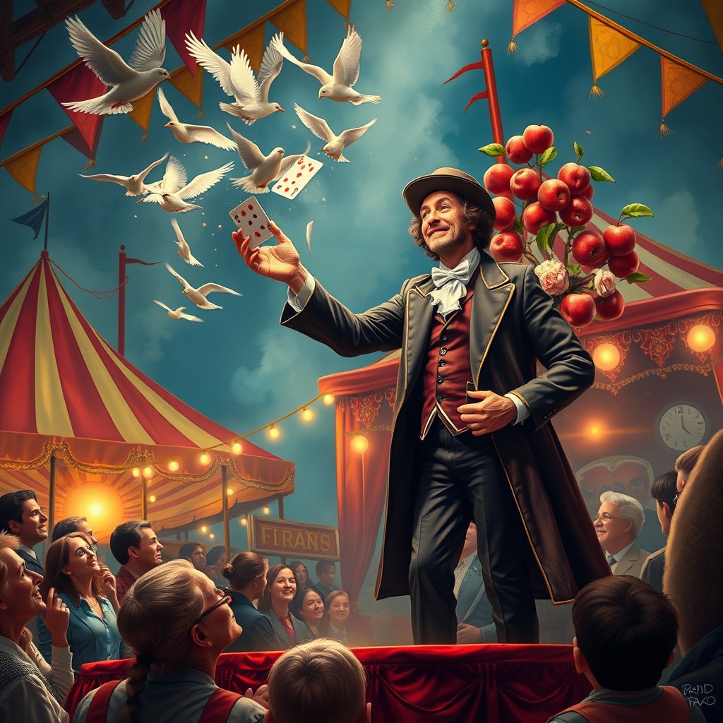 A mesmerizing depiction of Isaac Faux, the most renowned English fair magician, performing enchanting tricks