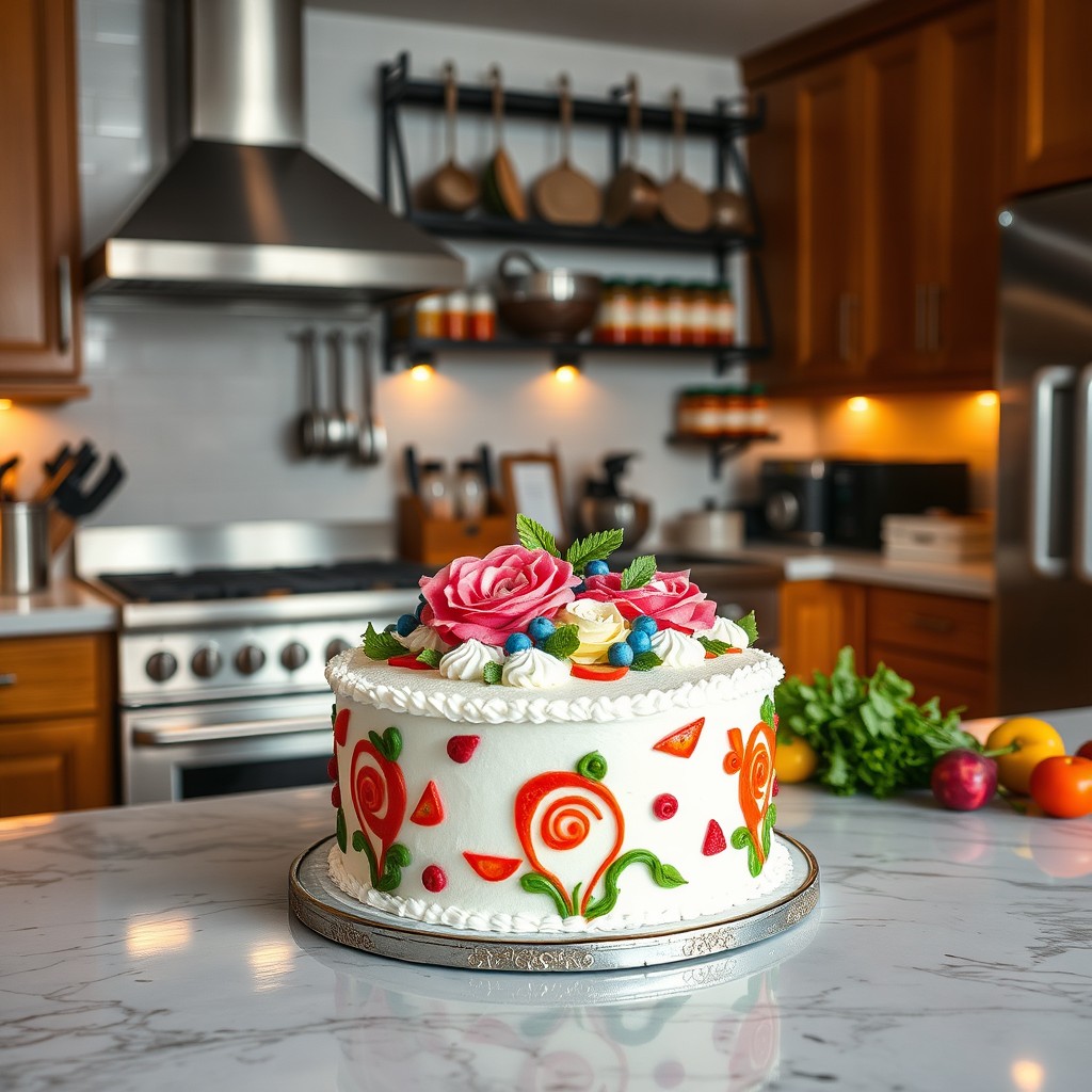 A beautifully decorated cake placed on a marble countertop in a professional chef's kitchen