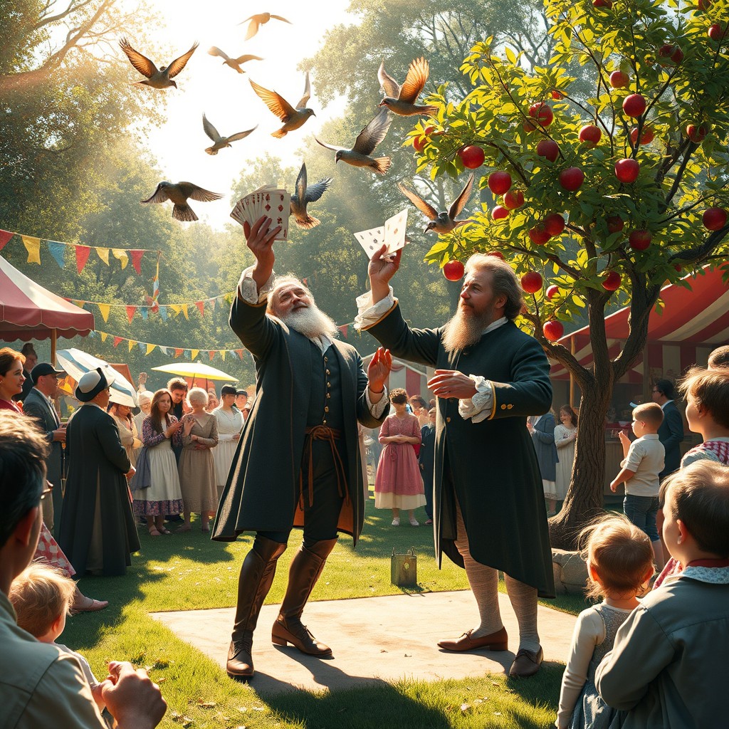 A whimsical scene depicting Isaac Faulks, the famous English fairground magician from the 17th century, performing astonishing tricks at a vibrant open-air fair