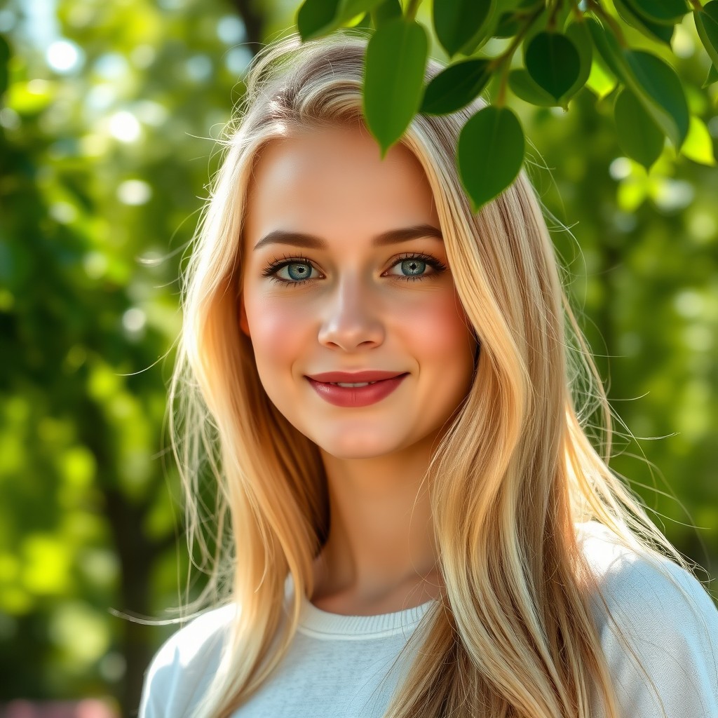 A realistic portrait of a 20-year-old blonde woman with long, flowing hair and bright blue eyes