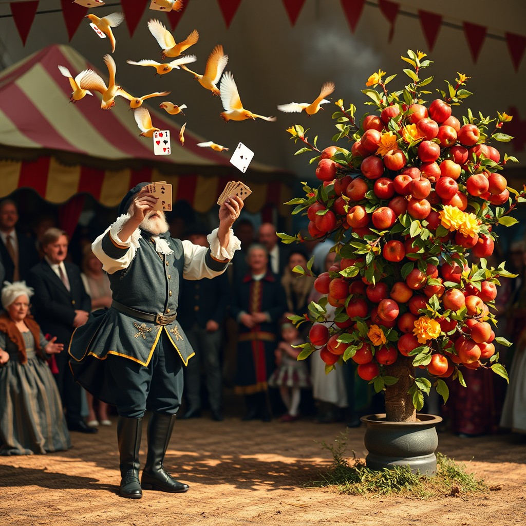 A magical scene featuring an English fairground magician named Faux (Fauks) from 1691, performing incredible feats without tents