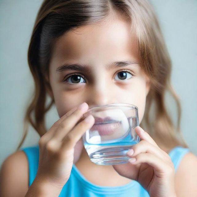 Young girl sipping fresh, crystal clear water from a glass, her face expressing the feeling of refreshment.