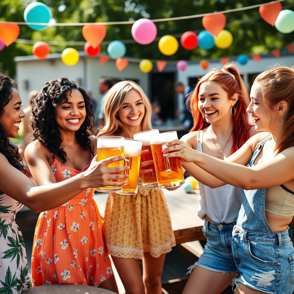 A group of young women enjoying a sunny backyard barbecue, smiling and laughing as they clink their frosty beer mugs together