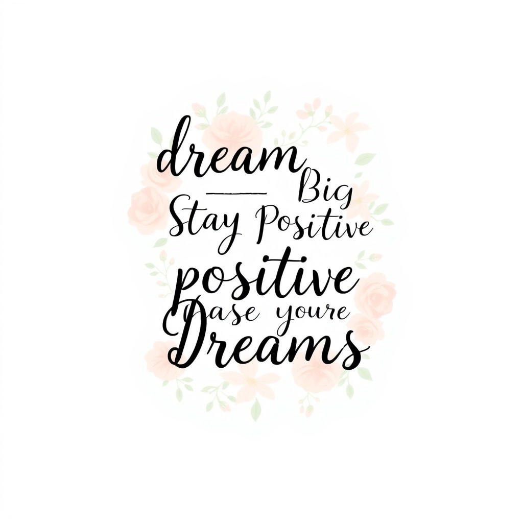 An elegant T-shirt design featuring beautifully stylized typography with inspirational words such as 'Dream Big', 'Stay Positive', and 'Chase Your Dreams'