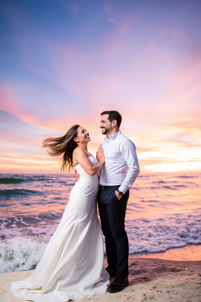 A beautiful woman dressed in an elegant white dress alongside a handsome man, both standing against a stunning ocean backdrop