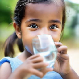 Young girl sipping fresh, crystal clear water from a glass, her face expressing the feeling of refreshment.