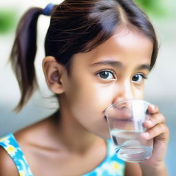 Young girl sipping fresh, crystal clear water from a glass, her face expressing the feeling of refreshment.