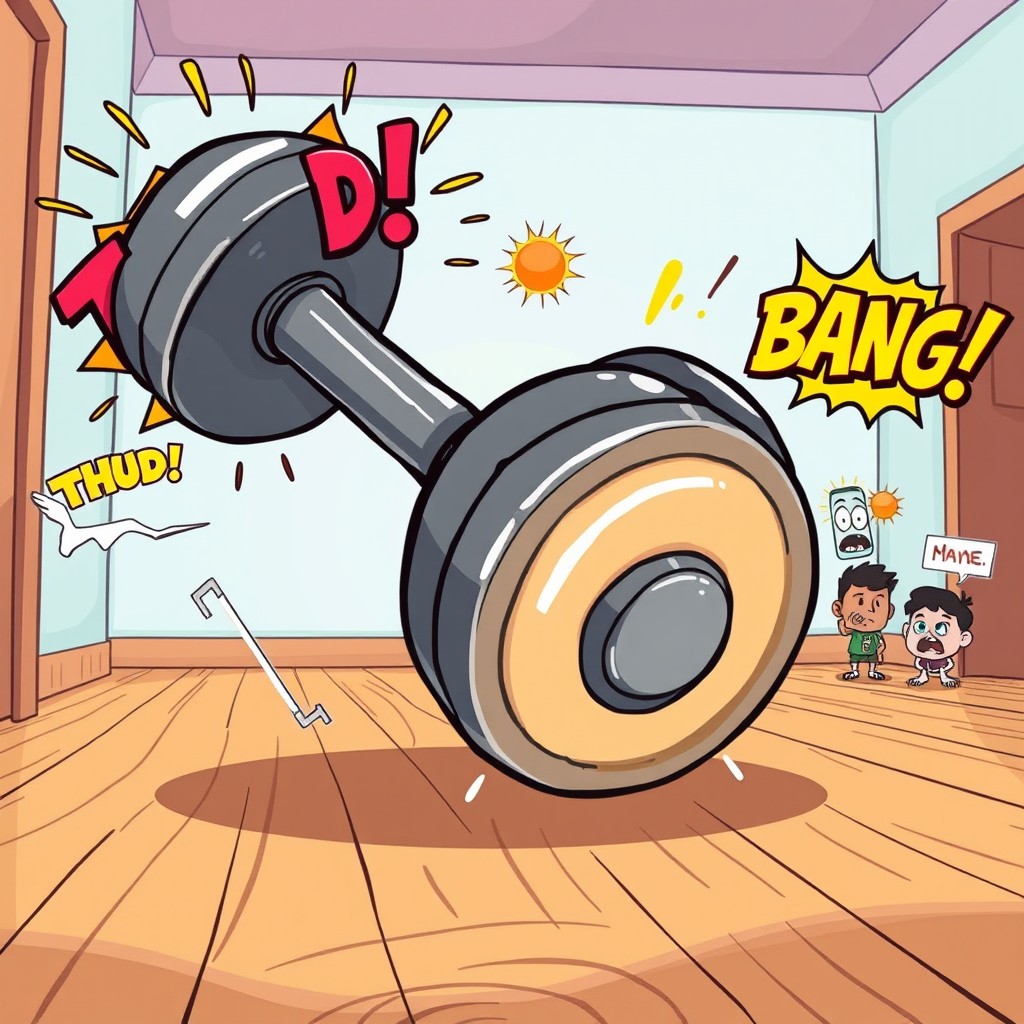 A vibrant and playful cartoon-style illustration of a large dumbbell dropping onto a hardwood floor