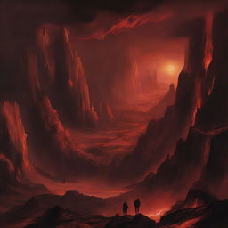 A dramatic, Dante-inspired depiction of an infernal landscape, filled with dark red and orange hues, ominous caverns, and smoky, tormented skies.