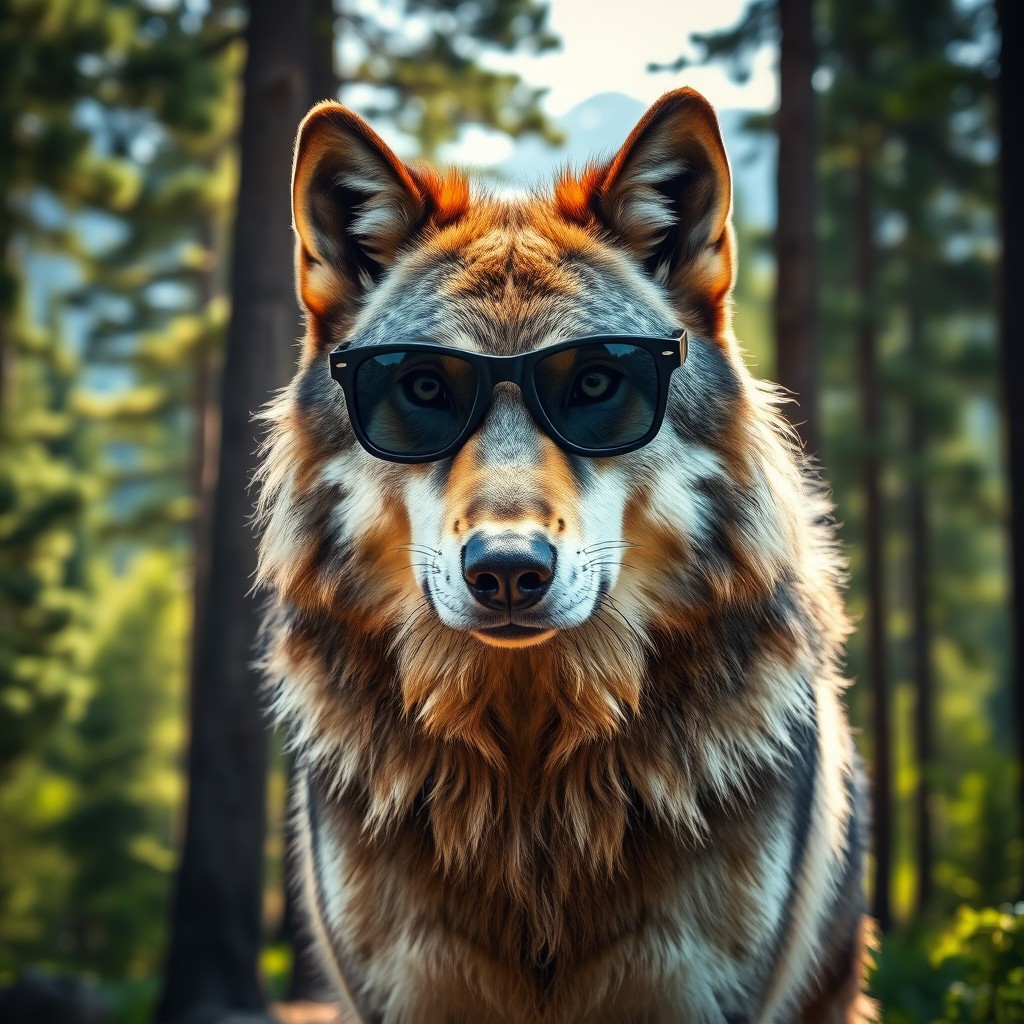 A majestic wolf wearing sleek black sunglasses, standing confidently in a forest
