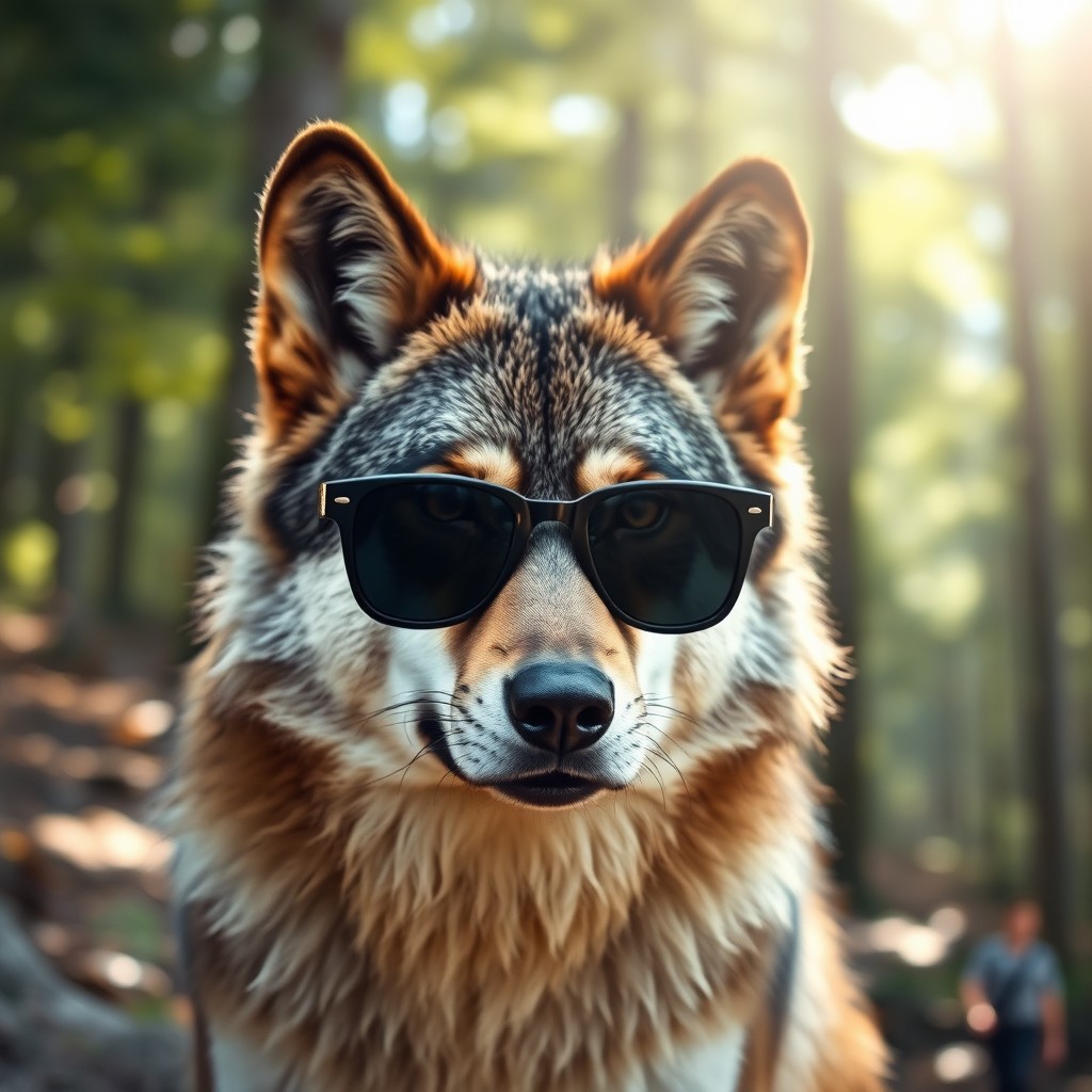 A wolf wearing stylish black sunglasses, exuding a cool and confident attitude