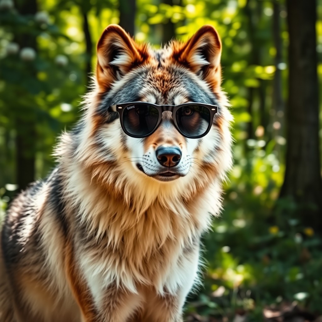 A majestic wolf wearing stylish black sunglasses, showcasing an air of coolness and confidence