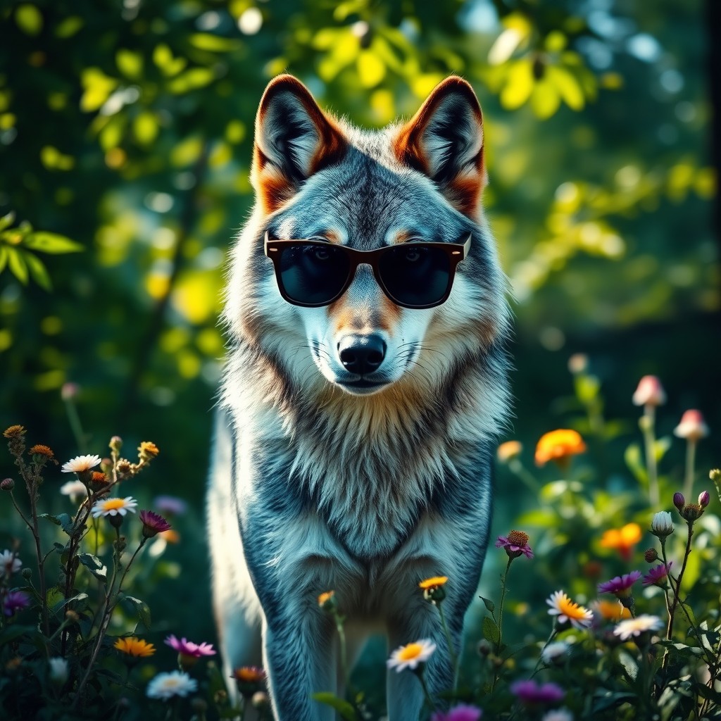 A striking wolf wearing sleek black sunglasses, standing confidently in a vibrant forest backdrop
