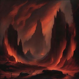 A dramatic, Dante-inspired depiction of an infernal landscape, filled with dark red and orange hues, ominous caverns, and smoky, tormented skies.