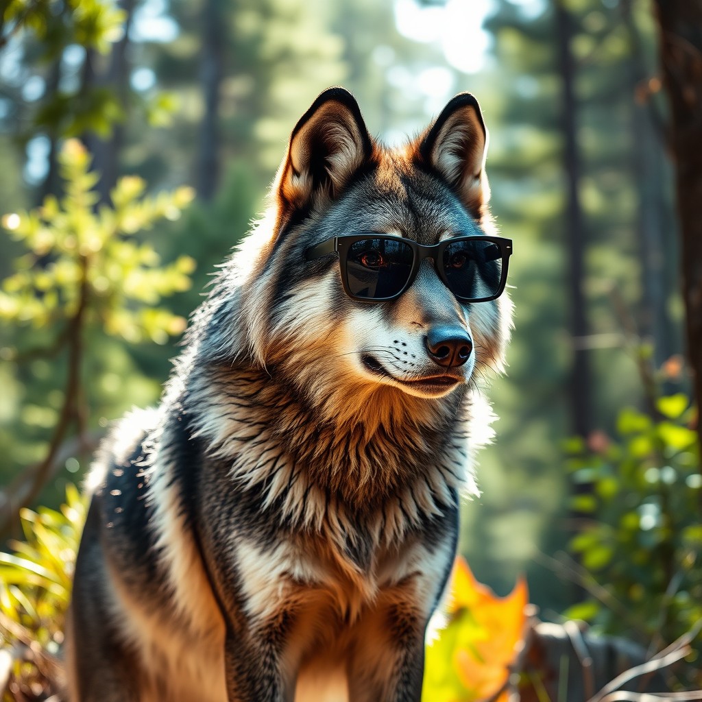 A striking image of a wolf wearing sleek black square sunglasses, set against a vibrant forest backdrop