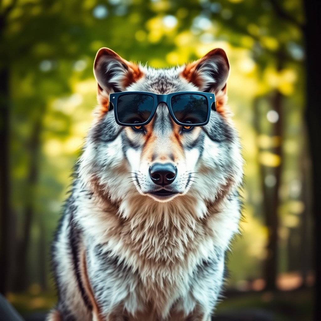 A majestic wolf wearing stylish black square sunglasses, showcasing its powerful and noble presence