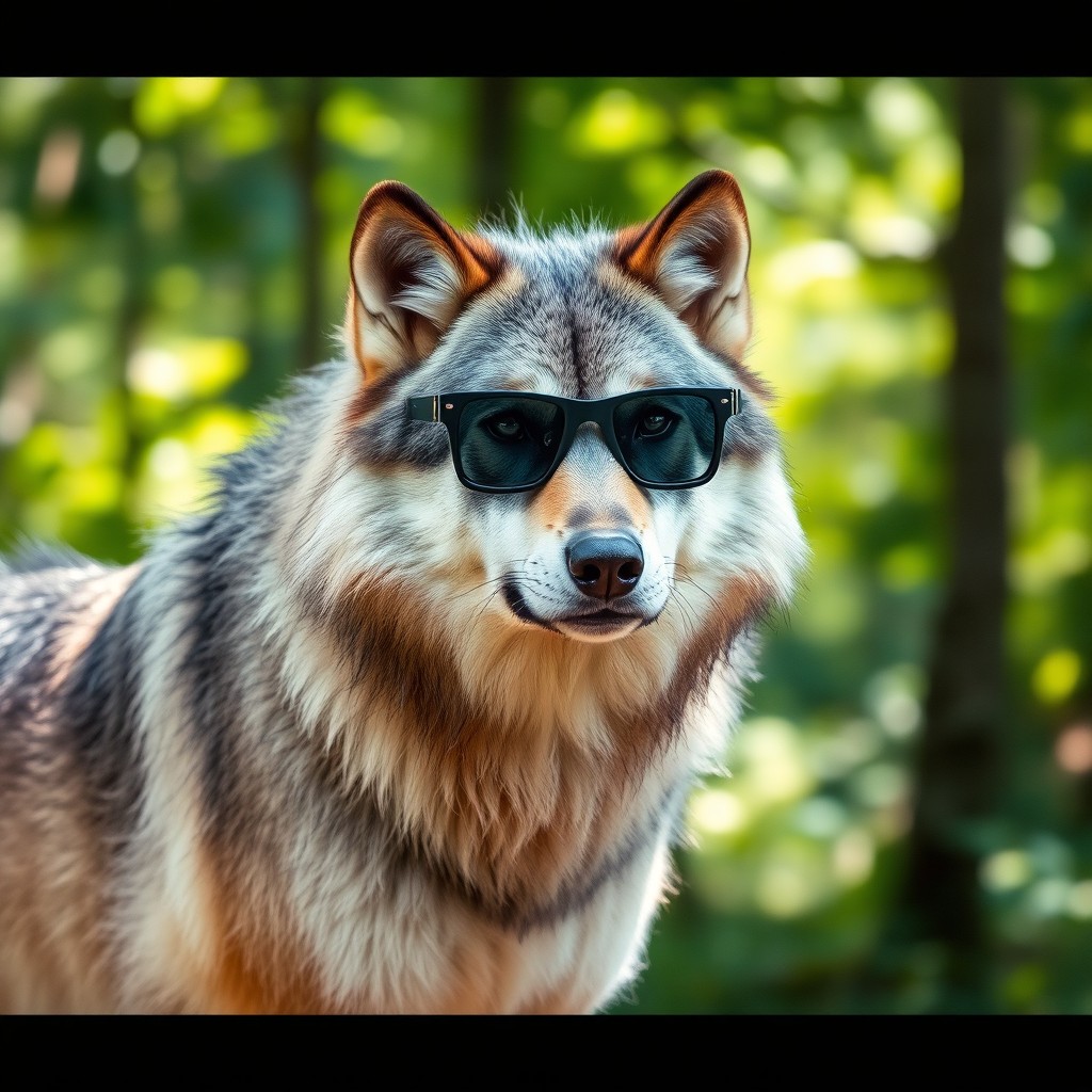 A majestic wolf wearing square black sunglasses, standing in a forest setting