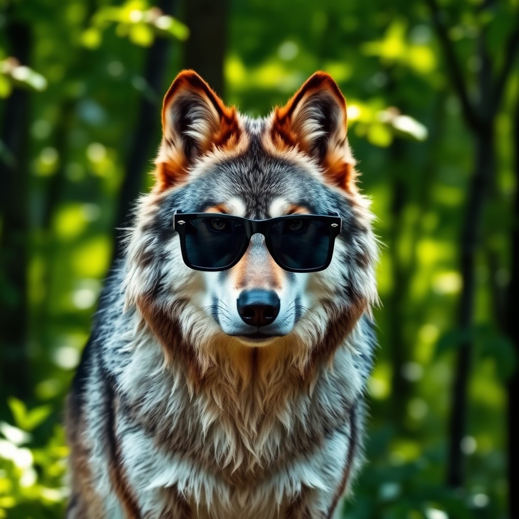 A majestic wolf wearing square black sunglasses, standing confidently in a forest