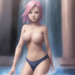 A tastefully rendered, full-body digital painting of a real-life interpretation of Sakura Haruno from Naruto