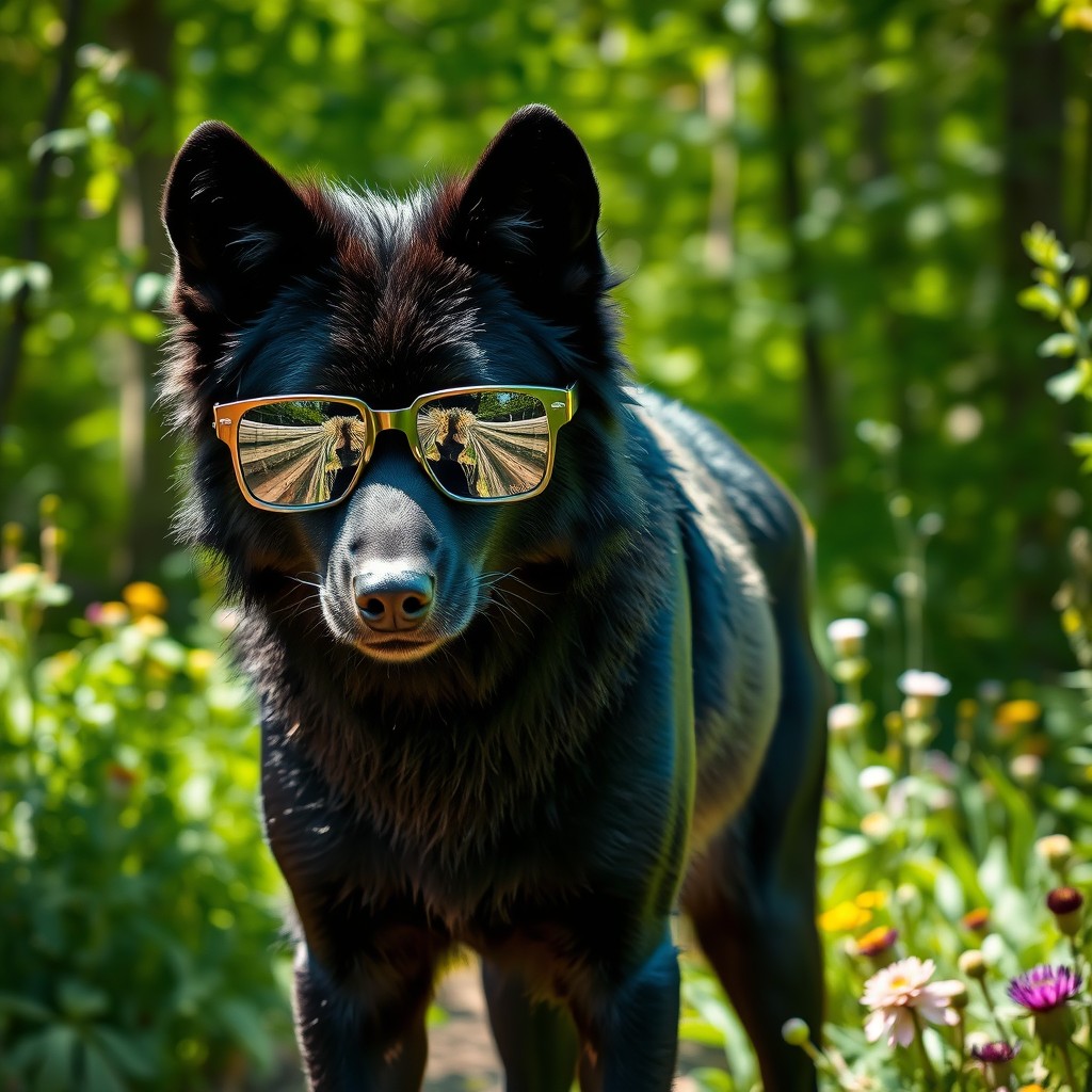 A striking black wolf wearing bold, square-shaped sunglasses