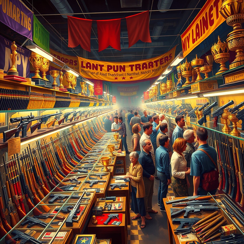 A vibrant and dynamic depiction of a weapons market filled with various types of guns, showcasing shiny trophies prominently displayed on shelves