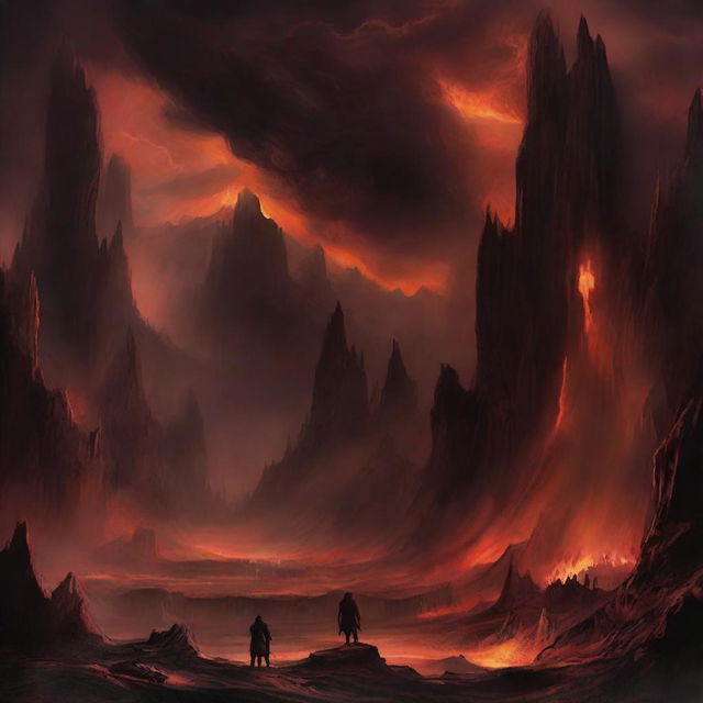 A dramatic, Dante-inspired depiction of an infernal landscape, filled with dark red and orange hues, ominous caverns, and smoky, tormented skies.