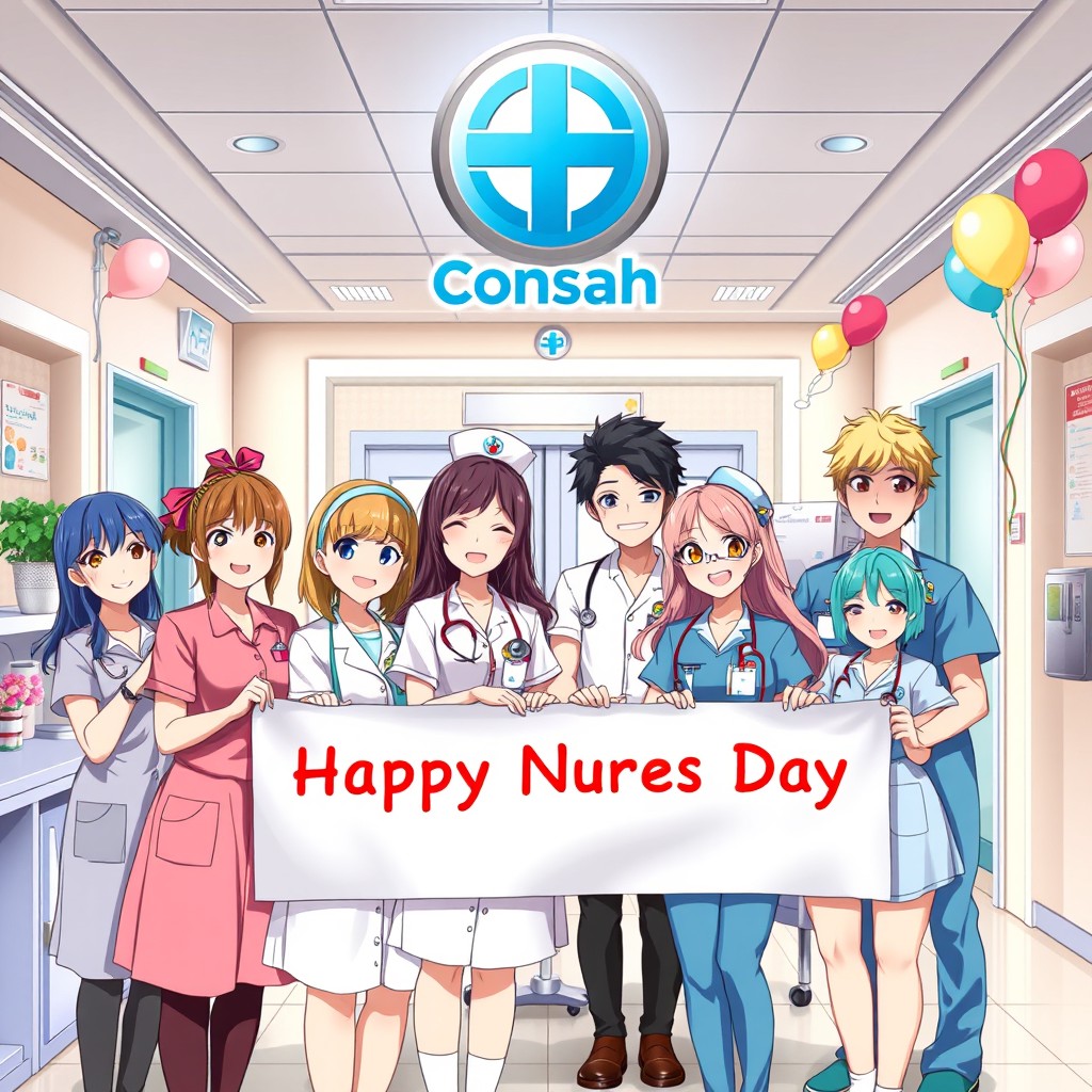 An anime-style illustration of a hospital setting, featuring a prominently displayed logo that reads 'Consah'