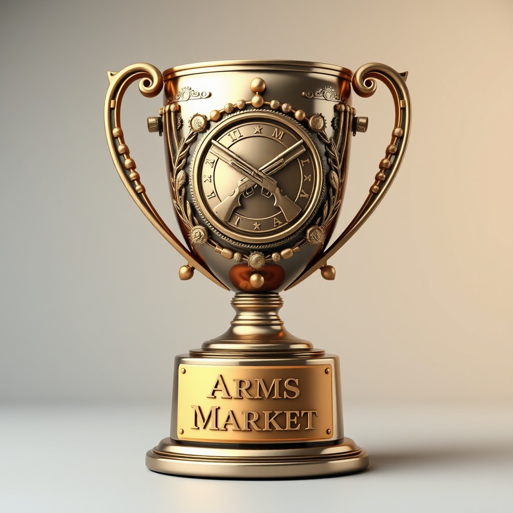 A trophy showcasing the theme of 'Arms Market', intricately designed with elements representing various firearms and weaponry