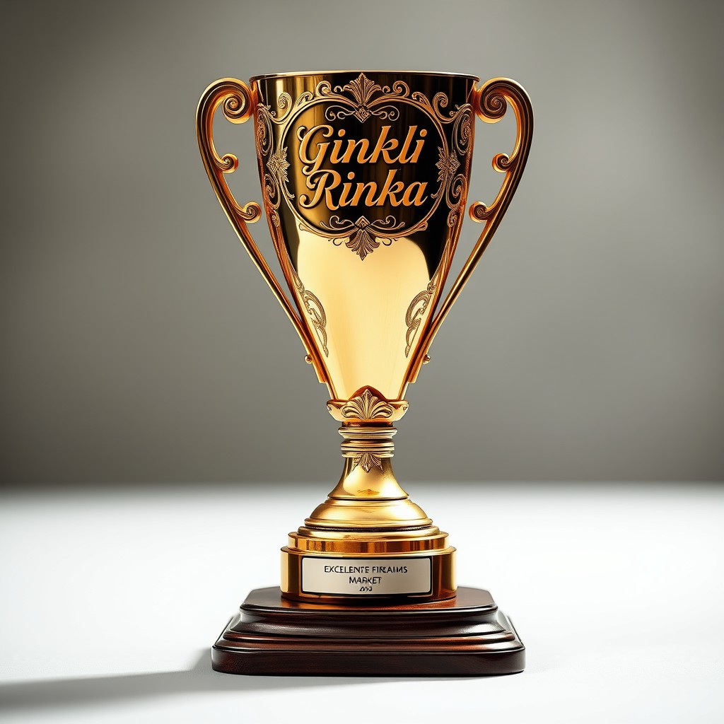 A beautifully designed trophy with intricate details, prominently featuring the words 'Ginklų Rinka' elegantly inscribed on it
