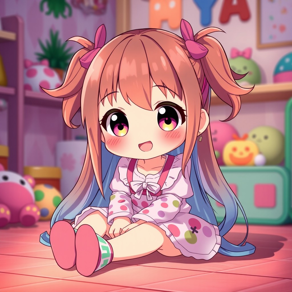 A cute anime girl sitting on the floor, with large expressive eyes and a joyful smile