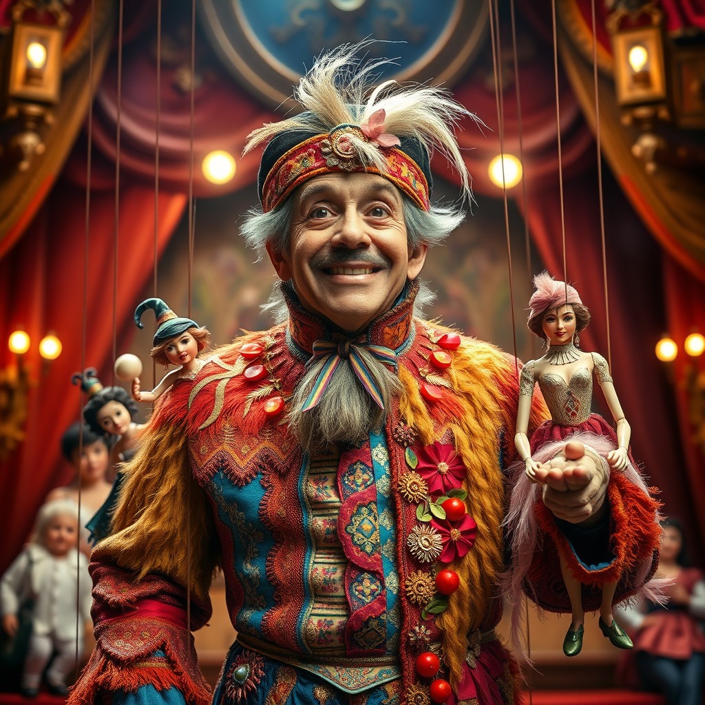 An artistic representation of Moreno Burattini, a charismatic puppeteer, in a theatrical setting
