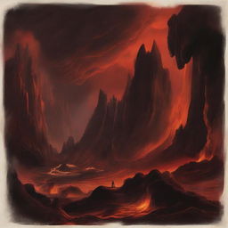 A dramatic, Dante-inspired depiction of an infernal landscape, filled with dark red and orange hues, ominous caverns, and smoky, tormented skies.