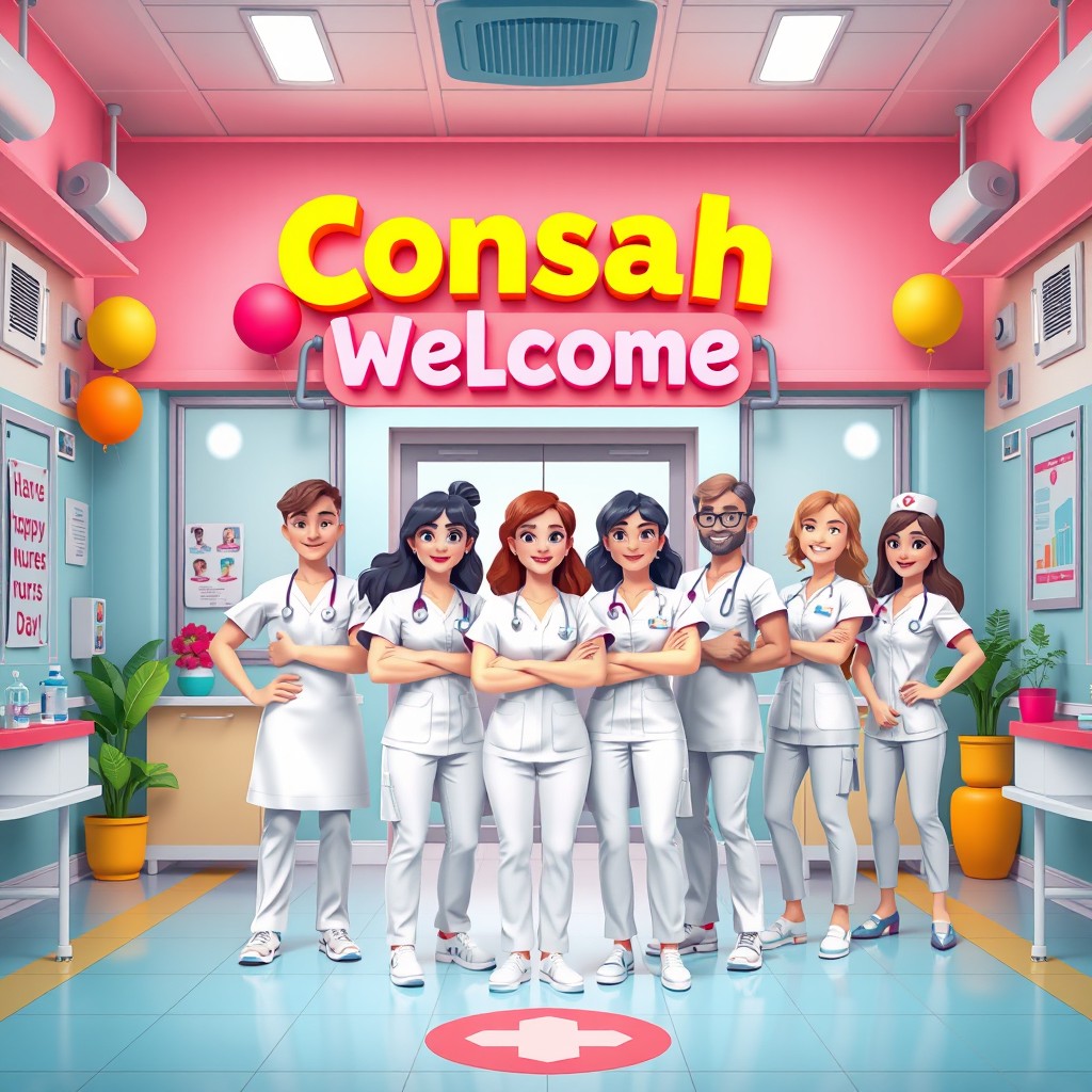 A vibrant 3D cartoon hospital background, with the word 'Consah' prominently displayed at the top in cheerful, bold letters