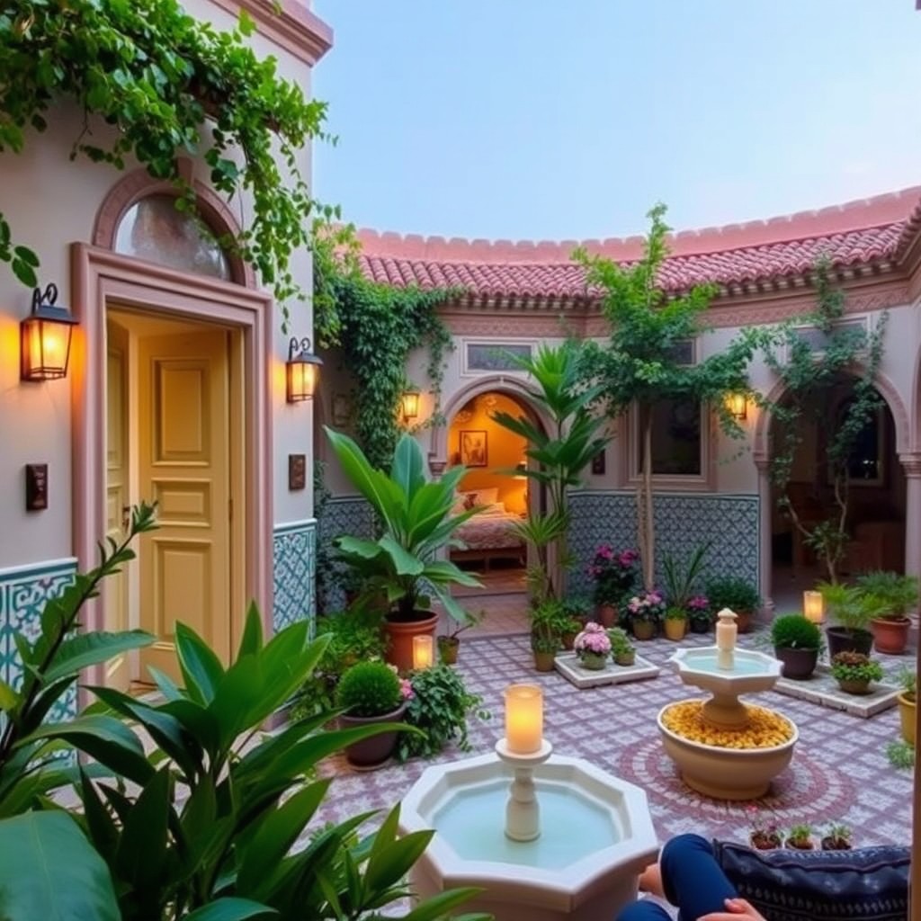 A serene and picturesque riad scene showcasing safety features, such as reinforced doors, fire extinguishers, and security cameras subtly integrated into the traditional Moroccan architecture