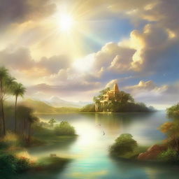 An ethereal, serene depiction of a paradise heaven, filled with luminous clouds, glistening golden rays of sunlight, and peaceful harmonious lush landscapes.