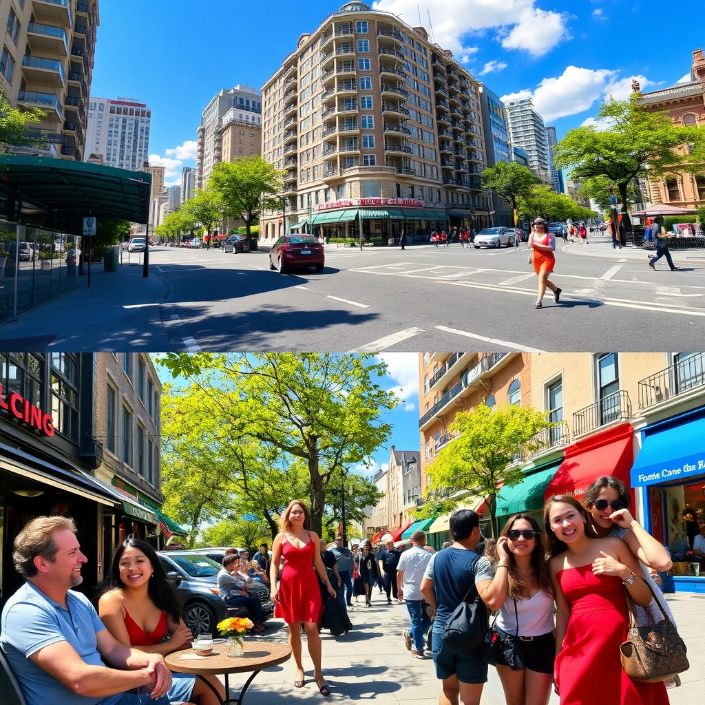 A vibrant city street scene combining elements from two images
