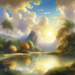 An ethereal, serene depiction of a paradise heaven, filled with luminous clouds, glistening golden rays of sunlight, and peaceful harmonious lush landscapes.