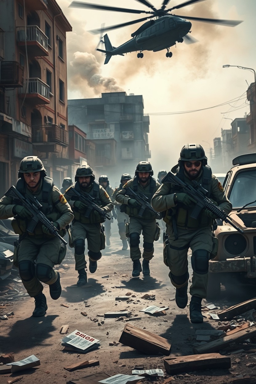A dynamic scene depicting a military operation in an urban setting, showcasing soldiers in tactical gear moving strategically through a city street filled with debris and broken vehicles
