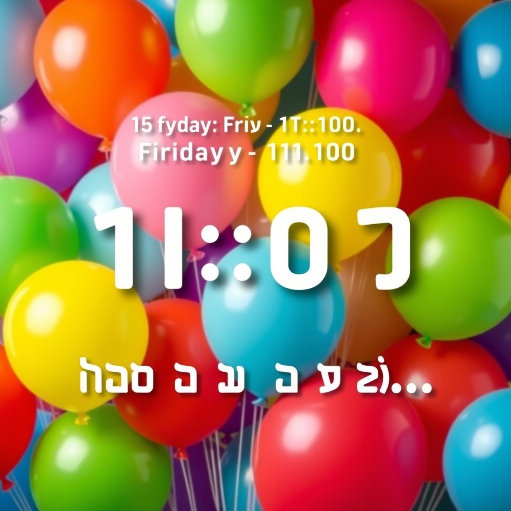 An animated GIF countdown timer from today to Friday at 11:00, featuring vibrant, colorful balloons in a festive design