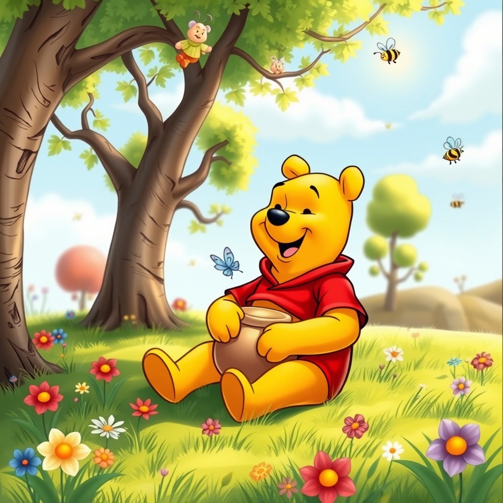 A joyful Winnie the Pooh sitting under a tree, surrounded by colorful flowers and a bright, sunny sky