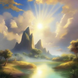 An ethereal, serene depiction of a paradise heaven, filled with luminous clouds, glistening golden rays of sunlight, and peaceful harmonious lush landscapes.